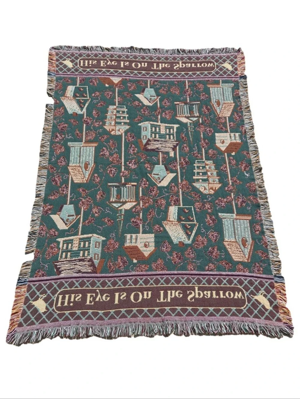 Vintage Christian Throw Blanket His Eye Is On The Sparrow Birdhouse Tapestry 90s